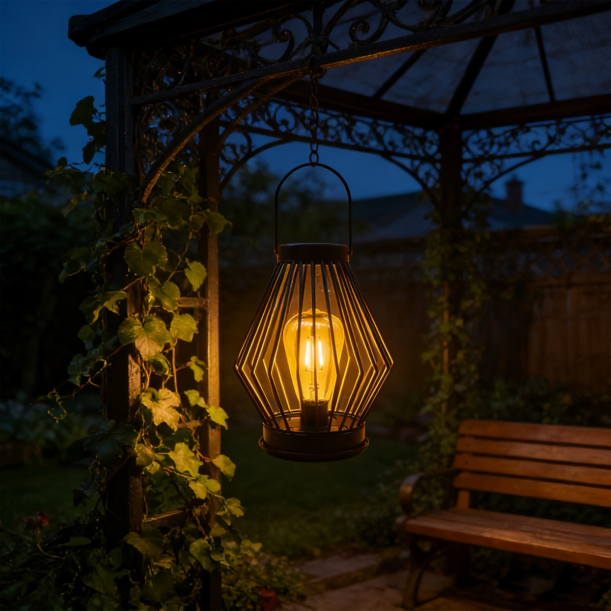 Lanterne solaire en fil de fer noir et ampoule effet Edison, 30,5 cm