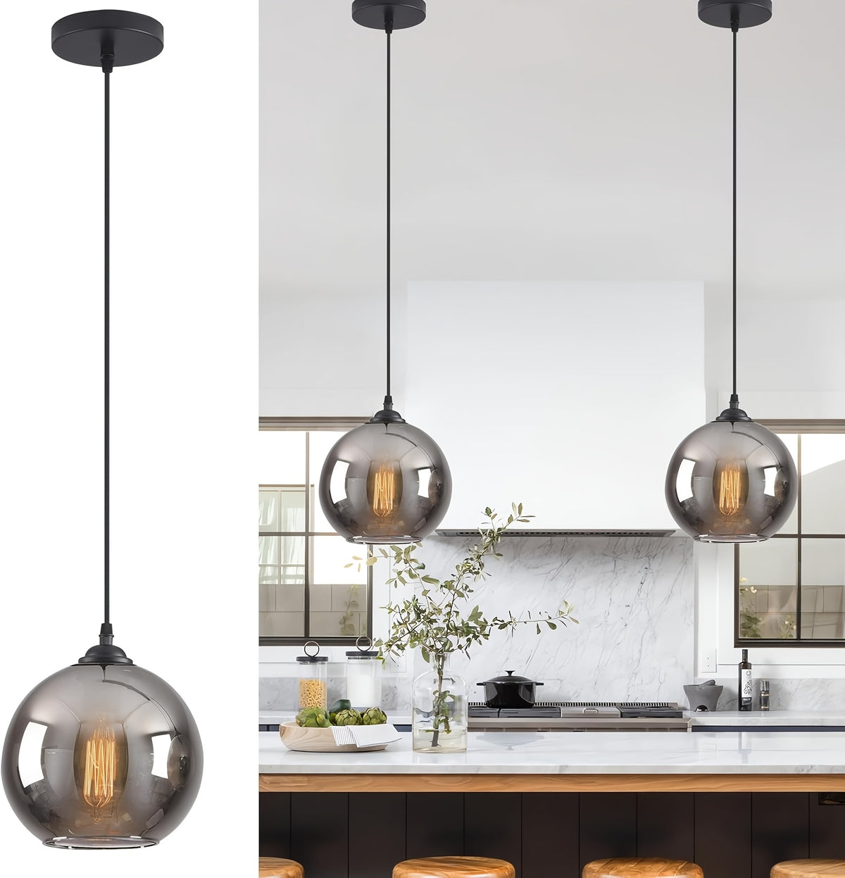 Suspension boule en verre gris fumé Ø 18 cm, à l'unité ou par trois
