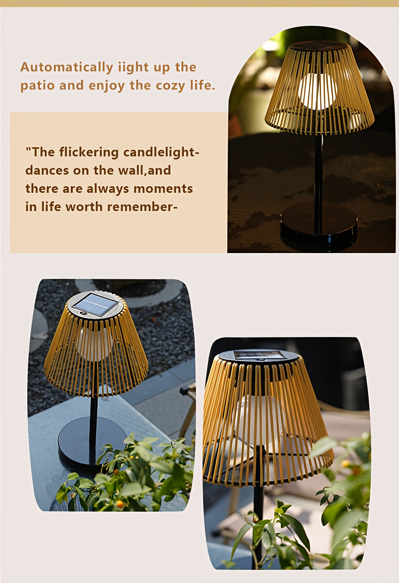 Lampe de table solaire d'extérieur à abat-jour en cordage kaki, IP44