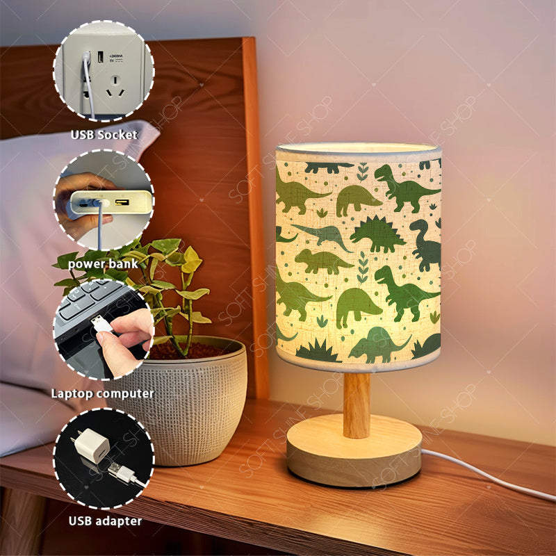 Lampe de chevet enfant à dinosaures verts, abat-jour lin, USB
