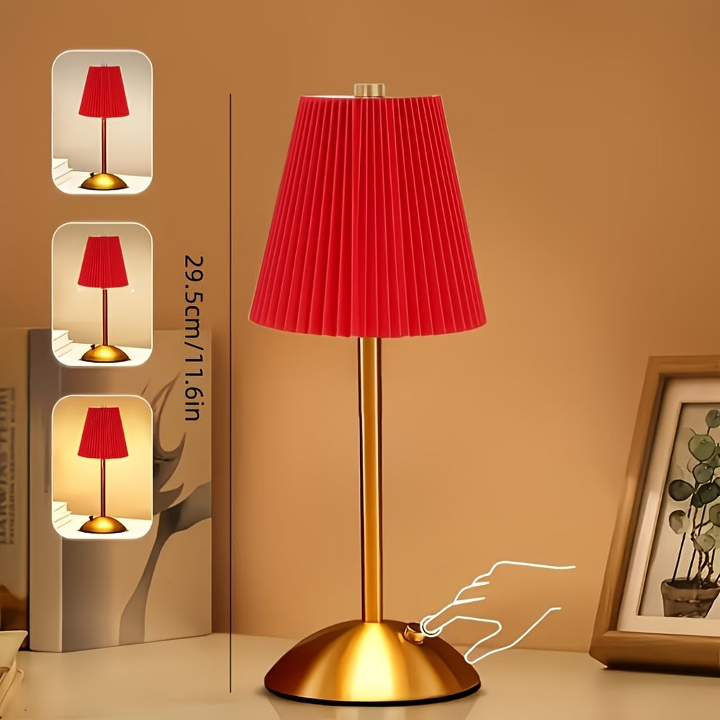 Lampe de chevet sans fil à abat-jour plissé coloré, socle dôme doré
