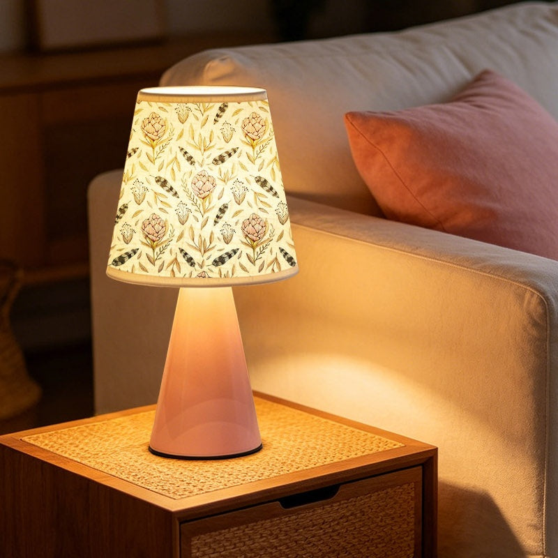 Lampe de chevet rose à motif protea, plumes et feuillage, USB