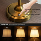 Lampe de chevet sans fil, abat-jour tissu blanc, pied doré, 2 tailles