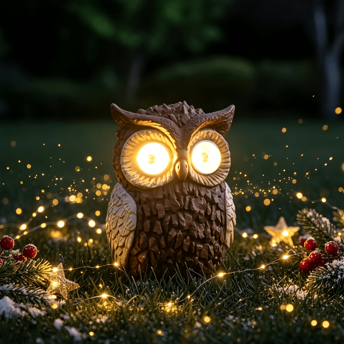 Lampe solaire hibou en résine pour jardin, yeux lumineux, 19,5 cm