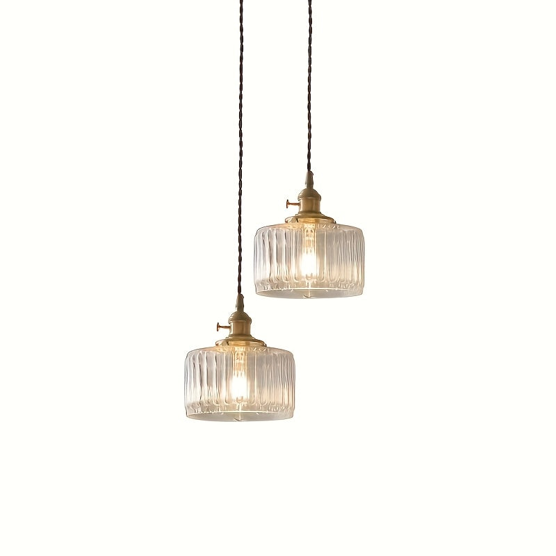 Suspension verre strié transparent et douille dorée, câble 150 cm