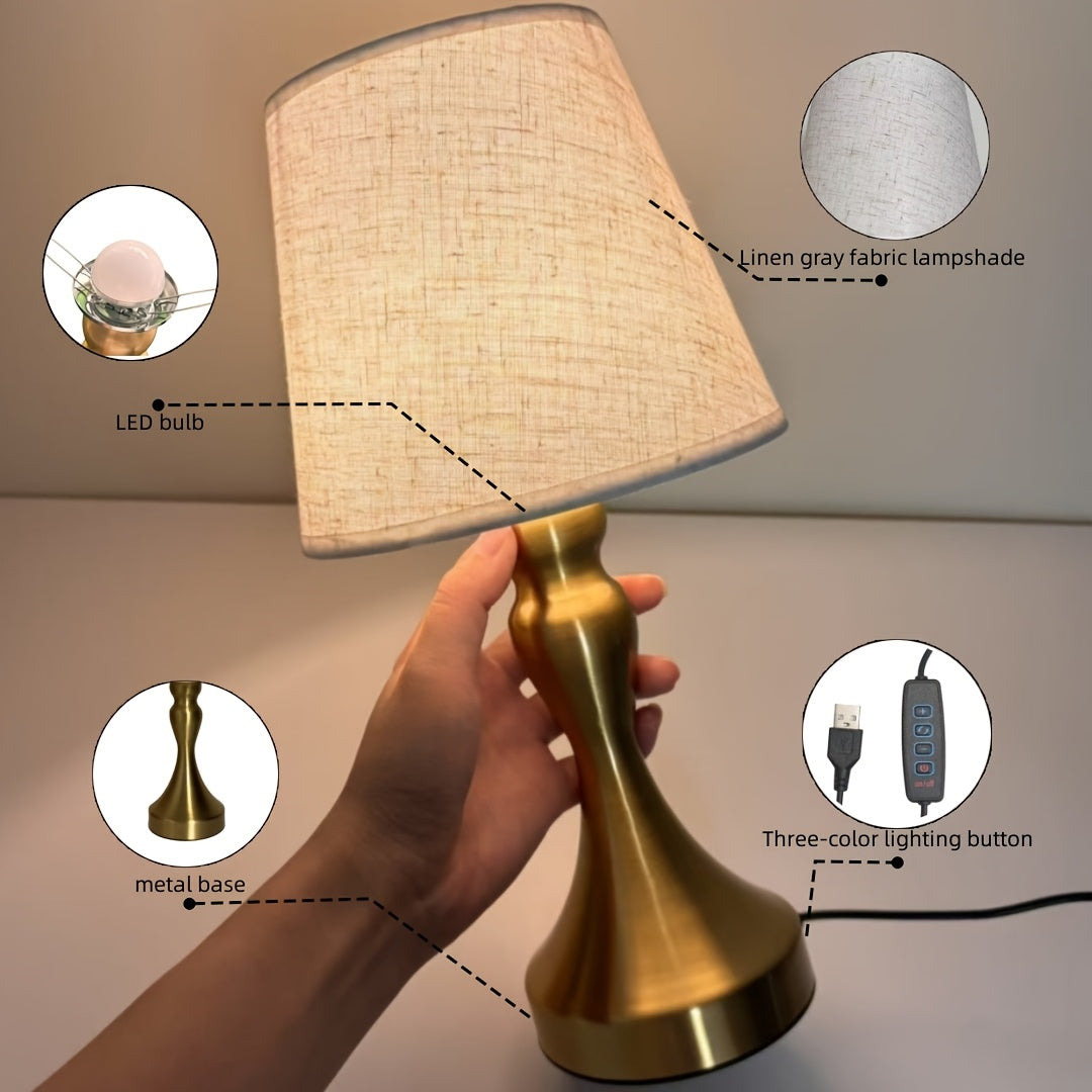 Lampe de chevet dorée, abat-jour conique aspect lin, câble USB