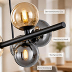 Lustre linéaire à 10 globes en verre ambré et fumé, 85 cm, G9