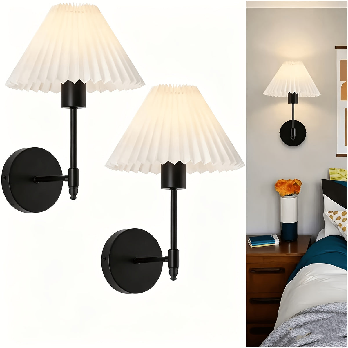 Lot de 2 appliques murales à abat-jour plissé blanc, doré ou noir