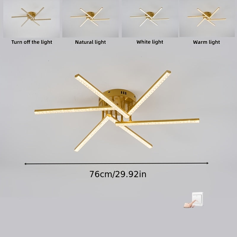 Plafonnier LED à six branches en étoile, doré, blanc ou noir, 76 cm