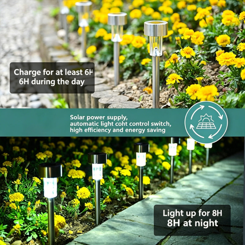 Lot de 12 lampes solaires de jardin à piquet finition inox, 33 cm