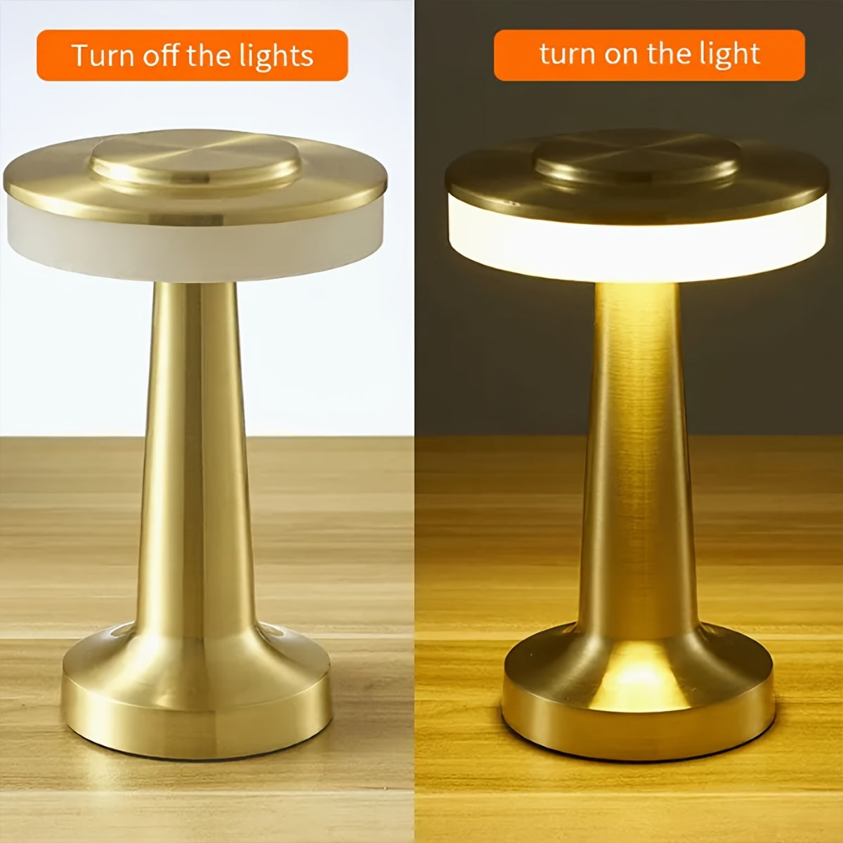 Lampe de table LED sans fil dorée en métal brossé, 3 teintes tactiles