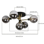 Plafonnier 5 globes en verre fumé ou ambré, monture noir et doré
