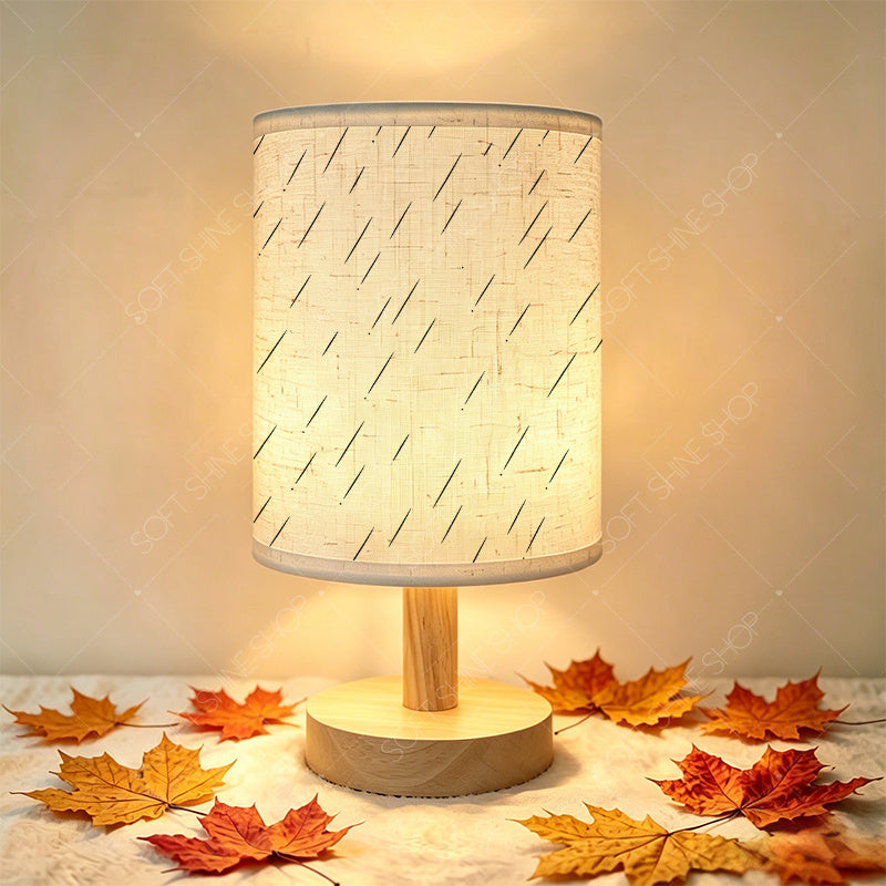Lampe de table effet bois clair, abat-jour à traits obliques, USB