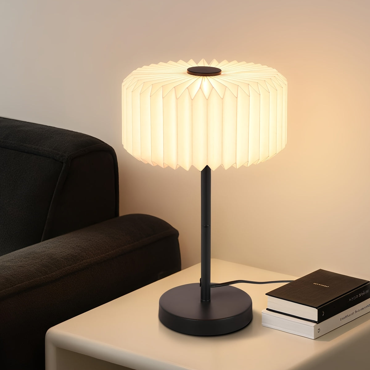 Lampe de chevet abat-jour plissé en papier blanc, pied noir G9