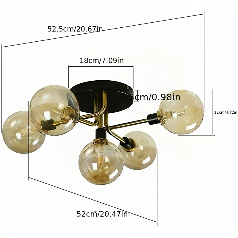 Plafonnier 5 globes en verre fumé ou ambré, monture noir et doré