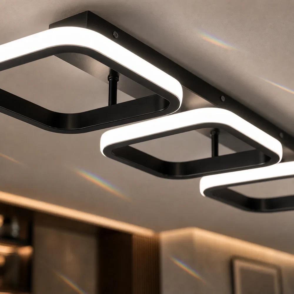 Plafonnier LED à trois carrés lumineux noirs, 53 cm, trois teintes
