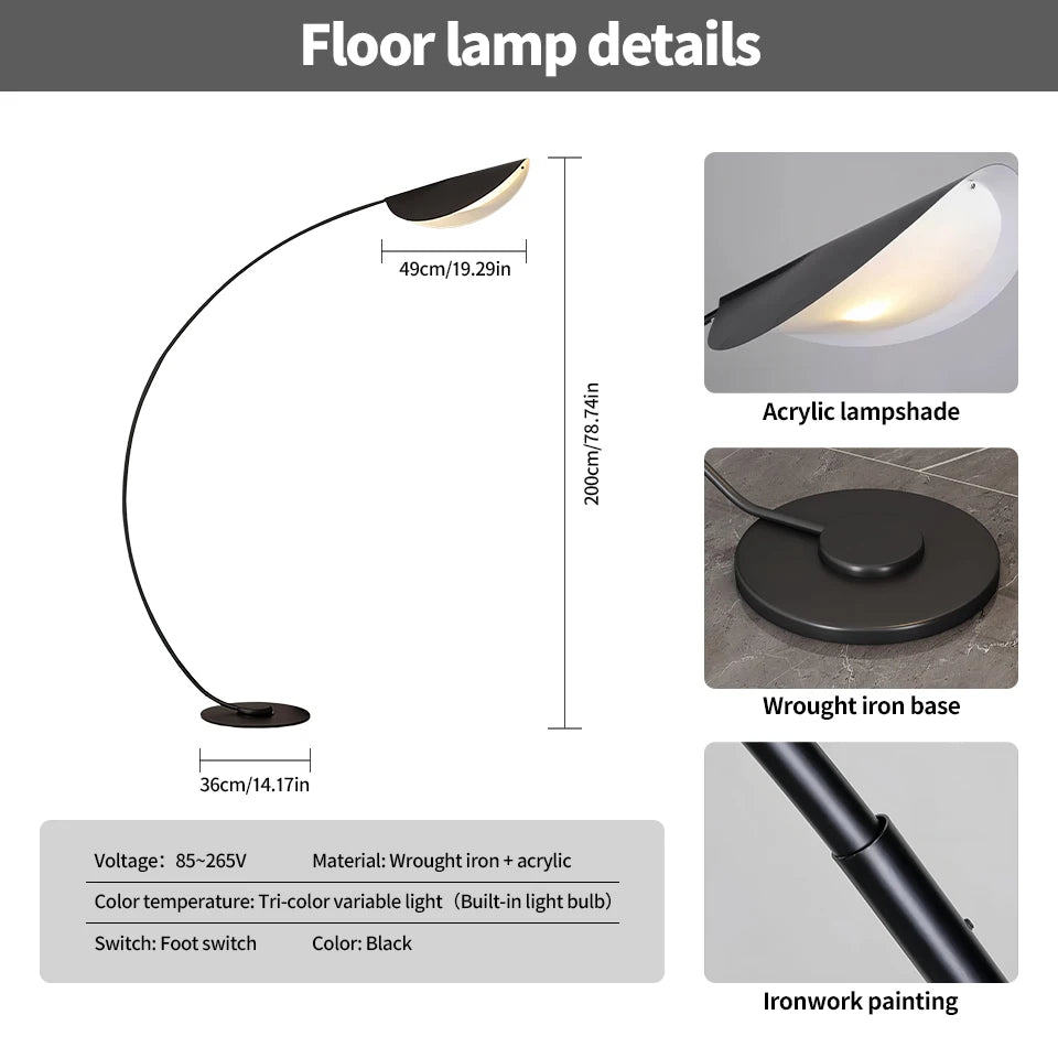 Lampadaire arc design à abat-jour feuille noir, 200 cm de haut