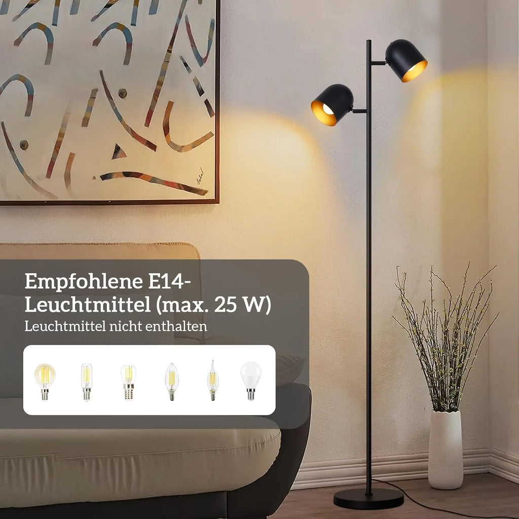 Lampadaire noir à deux spots pivotants intérieur doré, E14, 145 cm