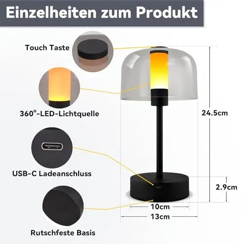 Lampe portable sans fil noire à dôme fumé, tactile 1800K à 6500K