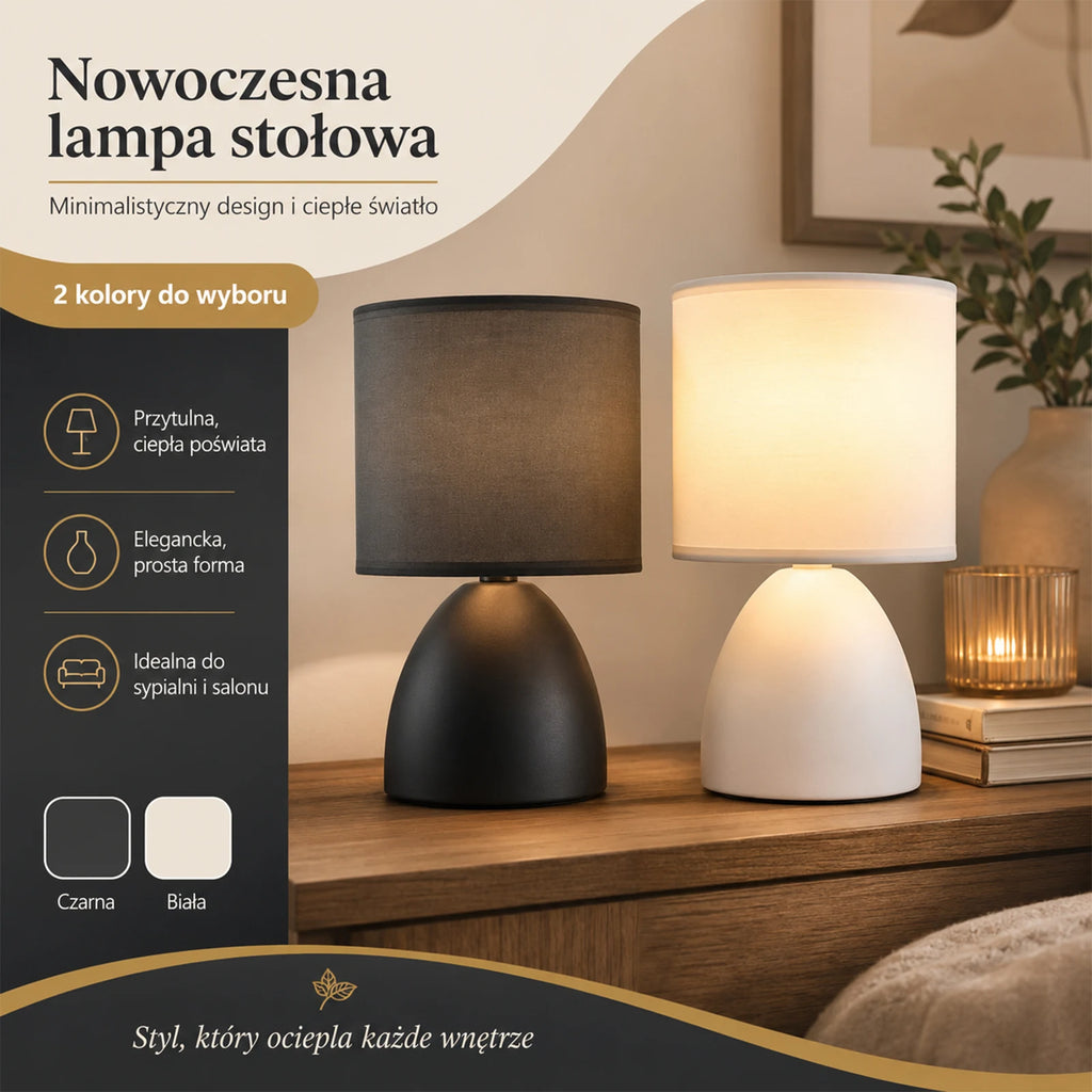 Lampe de chevet en céramique noire ou blanche, abat-jour cylindre