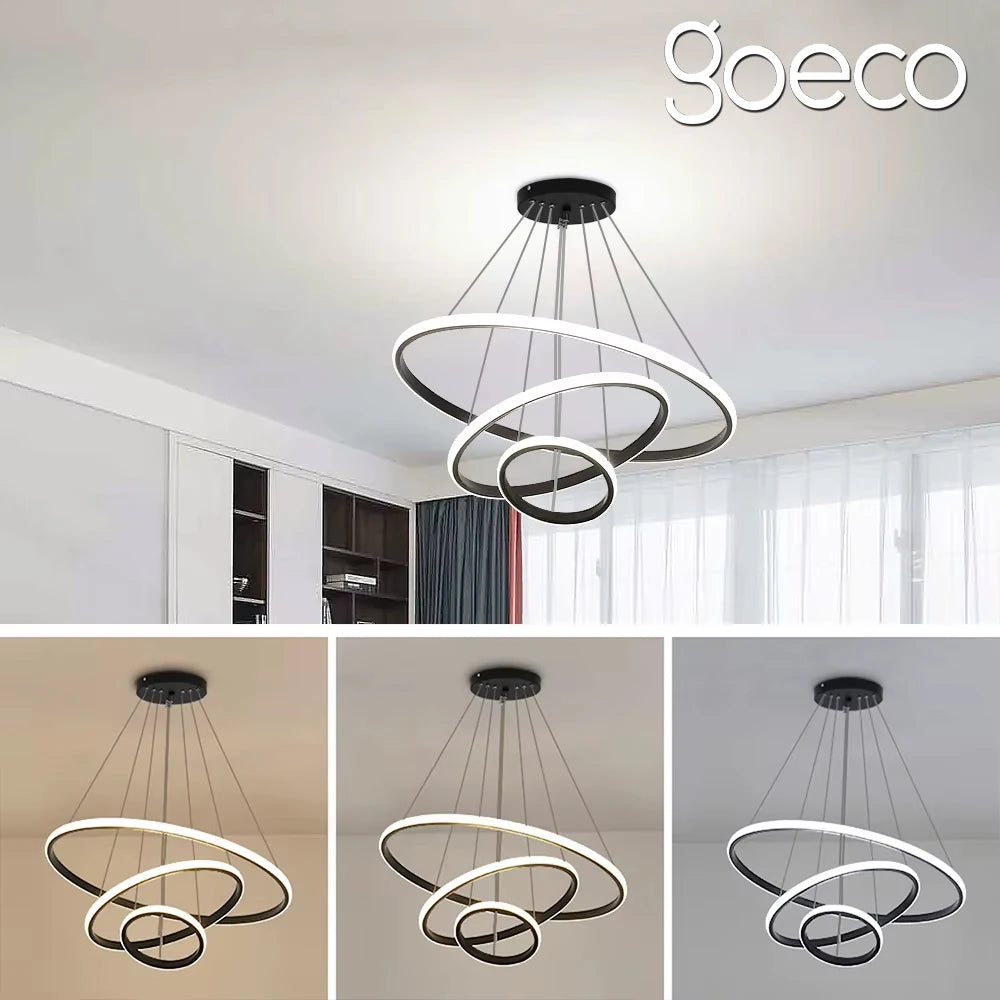Lustre LED noir à 3 anneaux de 20, 40 et 60 cm, trois teintes