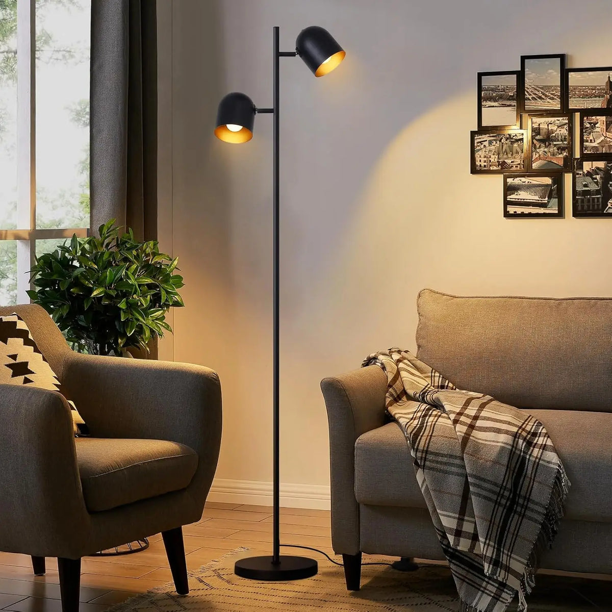 Lampadaire noir à deux spots pivotants intérieur doré, E14, 145 cm