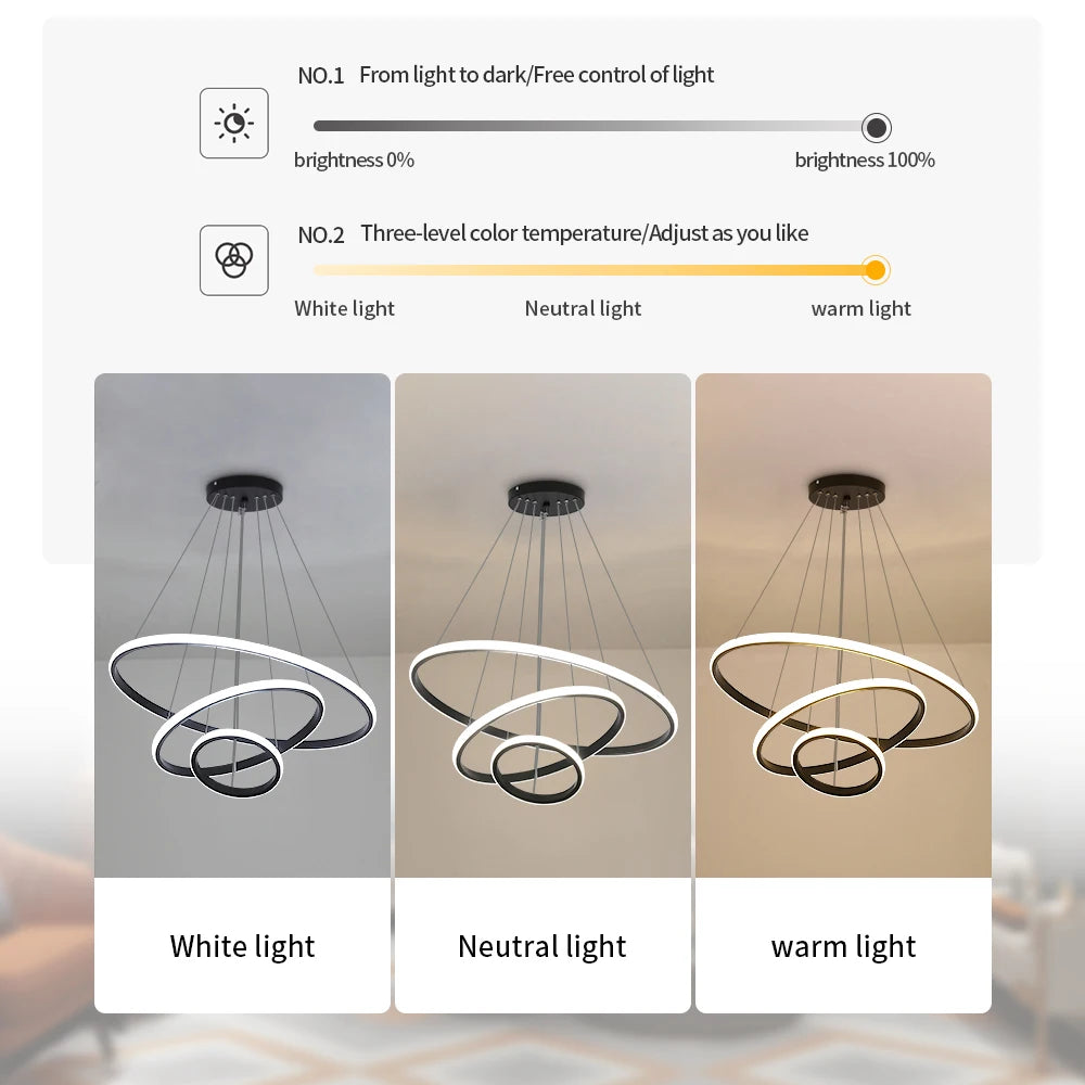 Lustre LED noir à 3 anneaux de 20, 40 et 60 cm, trois teintes