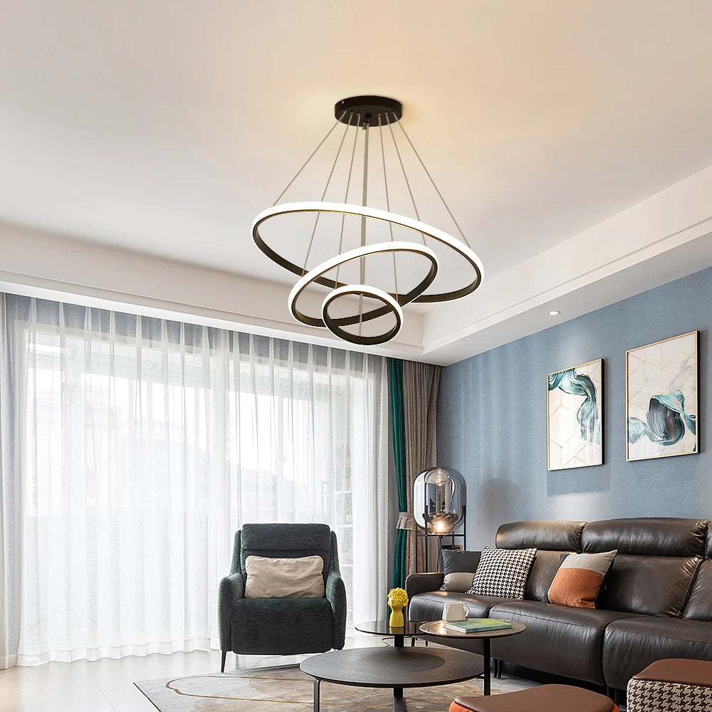Lustre à anneaux LED réglables en aluminium noir