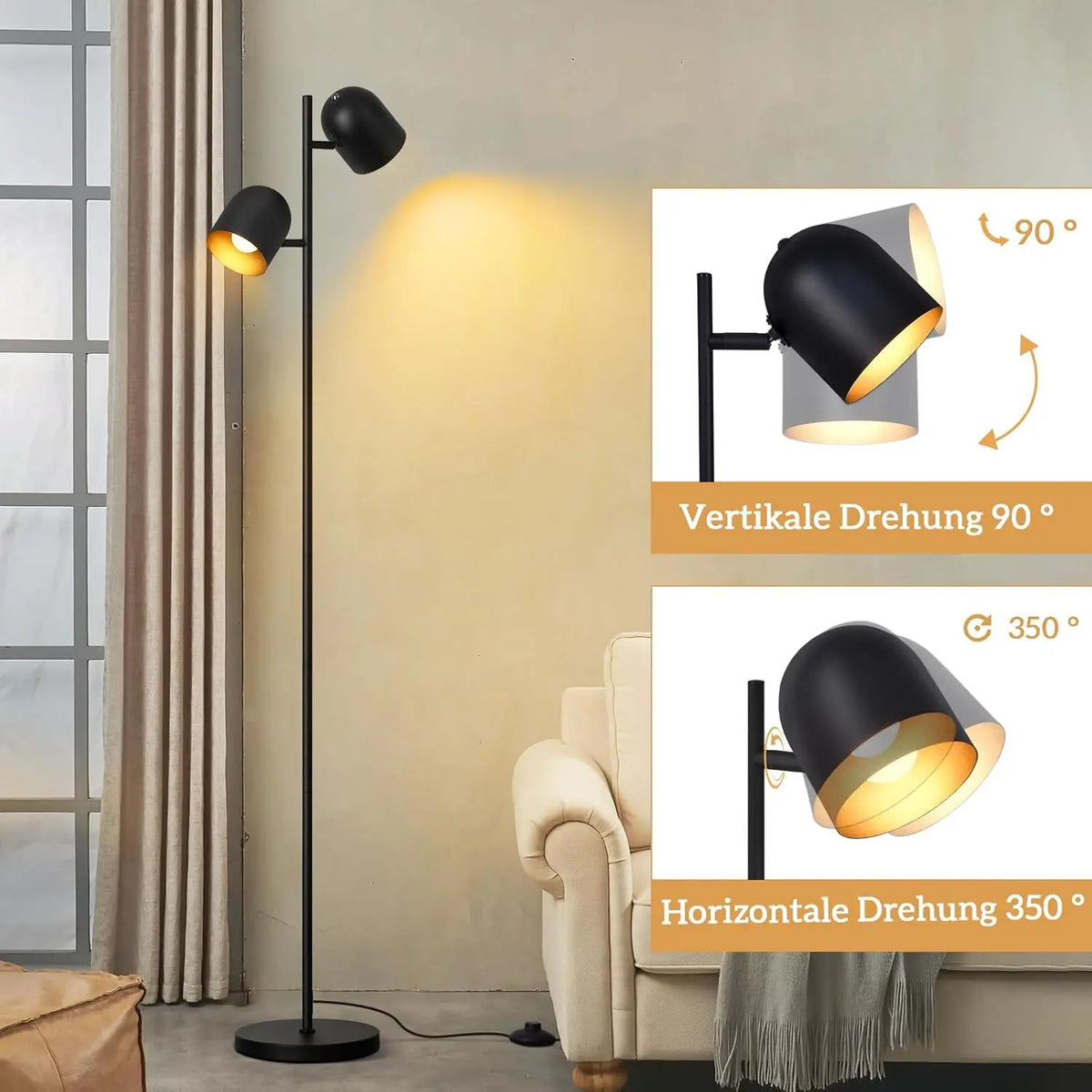 Lampadaire noir à deux spots pivotants intérieur doré, E14, 145 cm