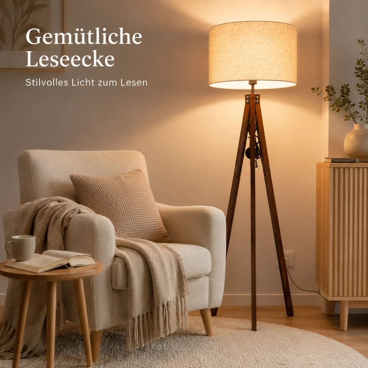 Lampadaire trépied en bois clair ou noyer, abat-jour effet lin