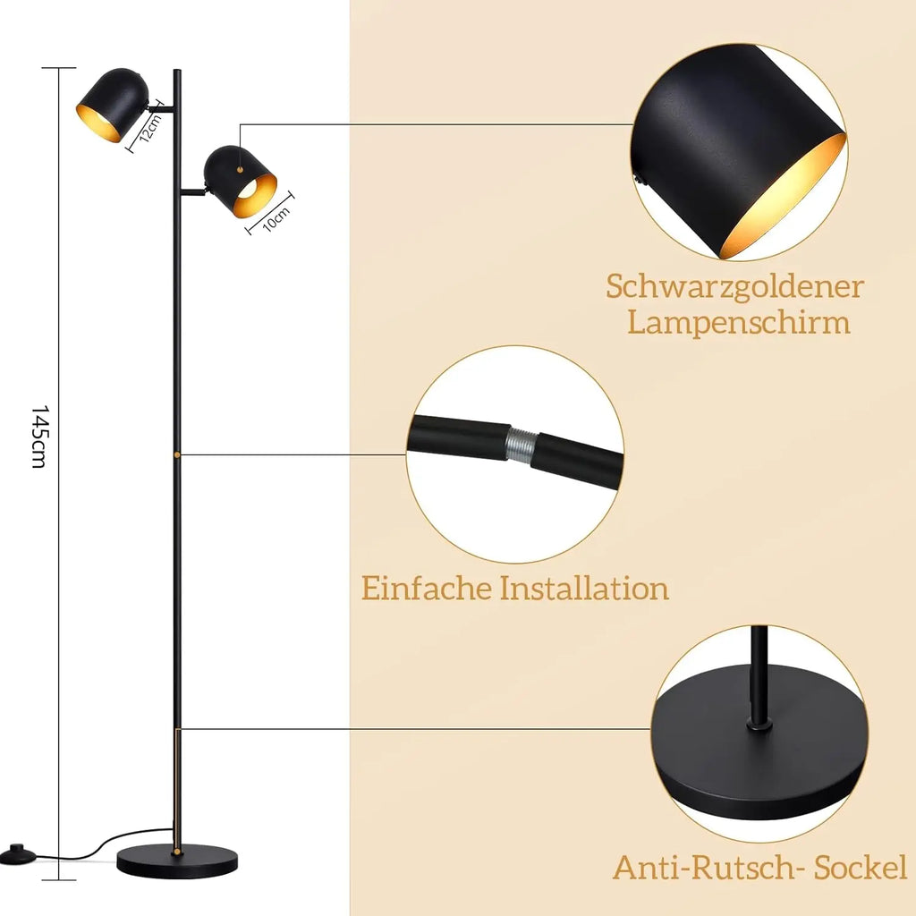 Lampadaire noir à deux spots pivotants intérieur doré, E14, 145 cm