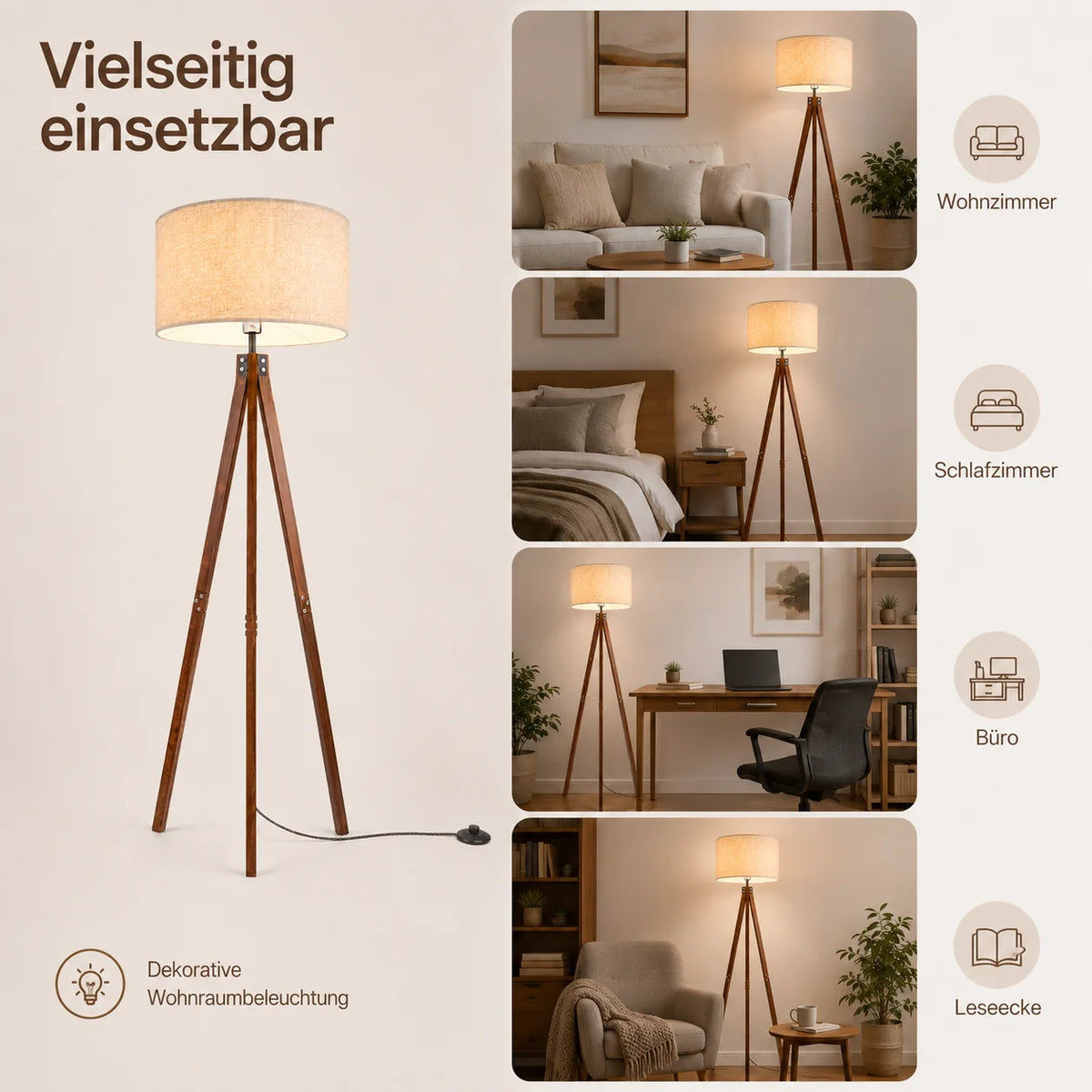 Lampadaire trépied en bois clair ou noyer, abat-jour effet lin