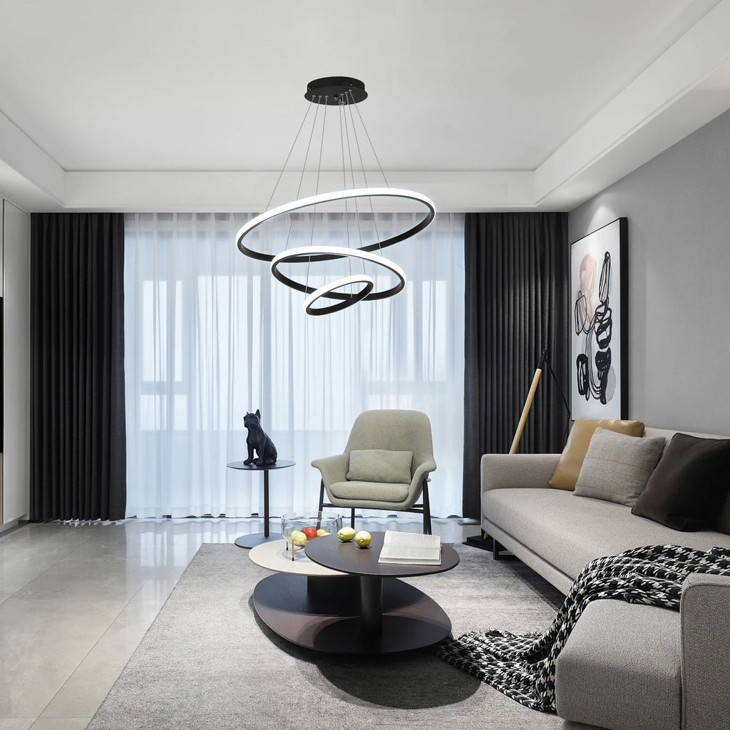 Lustre LED noir à 3 anneaux de 20, 40 et 60 cm, trois teintes