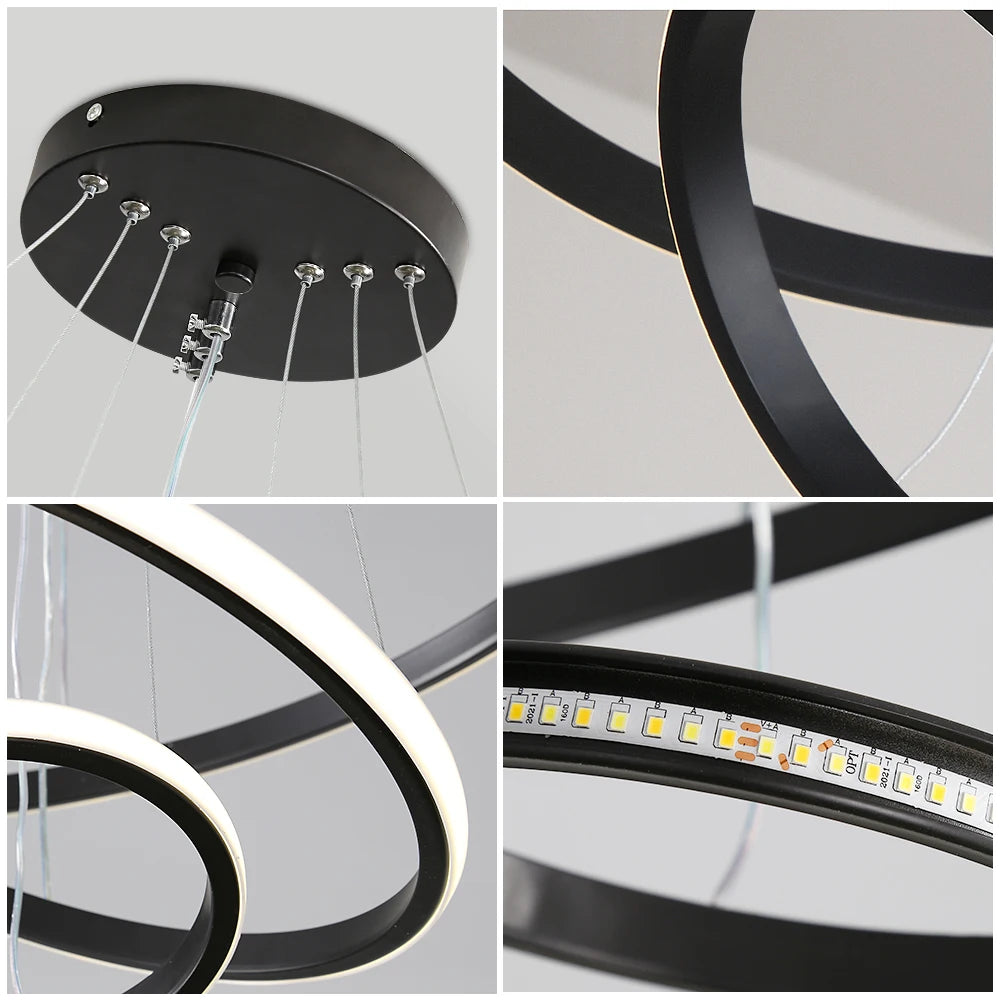 Lustre LED noir à 3 anneaux de 20, 40 et 60 cm, trois teintes