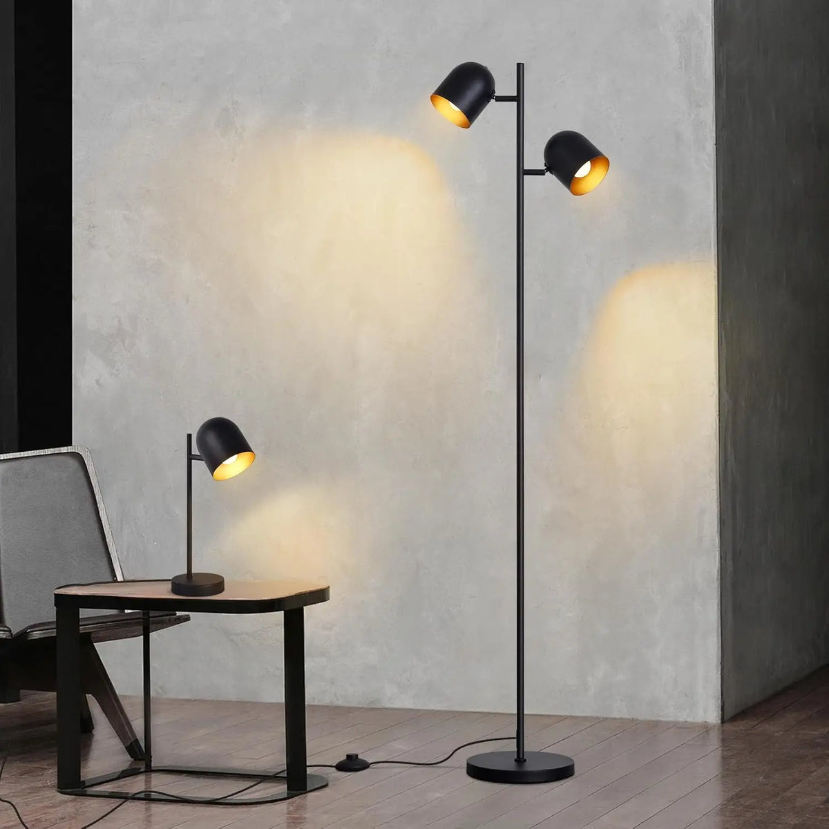 Lampadaire noir à deux spots pivotants intérieur doré, E14, 145 cm