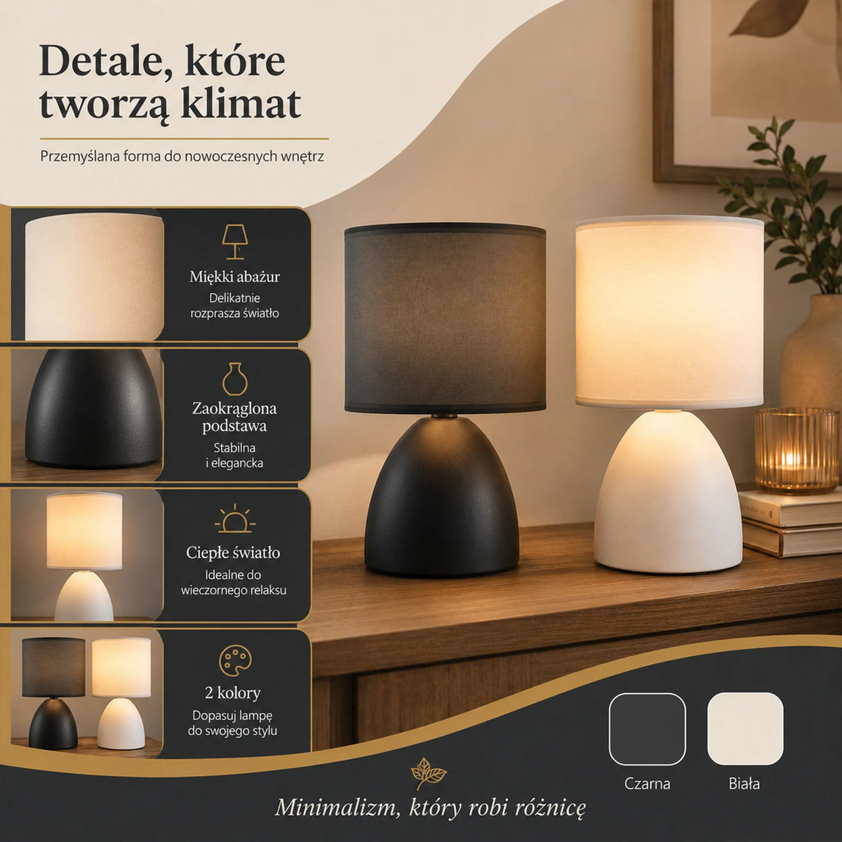 Lampe de chevet en céramique noire ou blanche, abat-jour cylindre