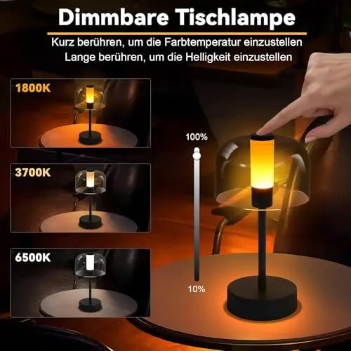 Lampe portable sans fil noire à dôme fumé, tactile 1800K à 6500K