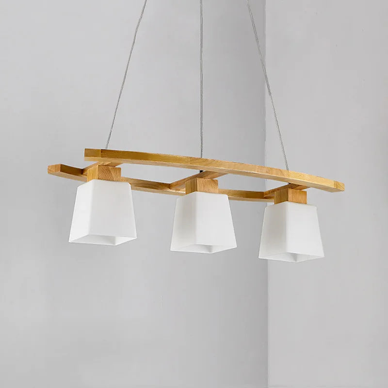 Lustre en bois massif à trois verres blancs, barre arquée de 75 cm