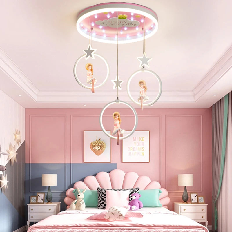Lustre LED de chambre de fille, figurines sur balançoires et étoiles