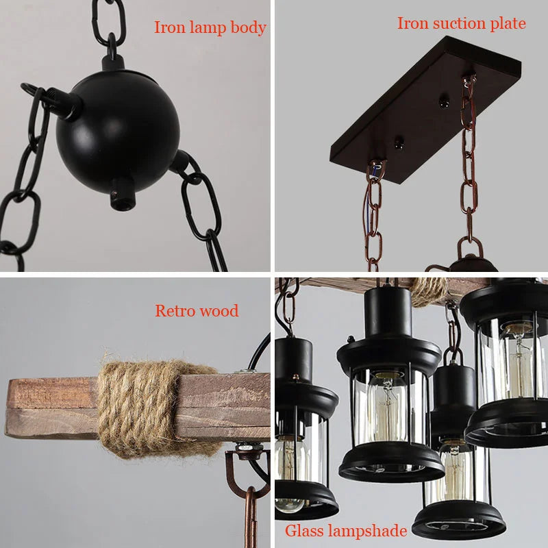 Lustre en bois et cordage à 8 lanternes en fer et verre, E27