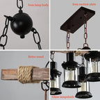 Lustre en bois et cordage à 8 lanternes en fer et verre, E27