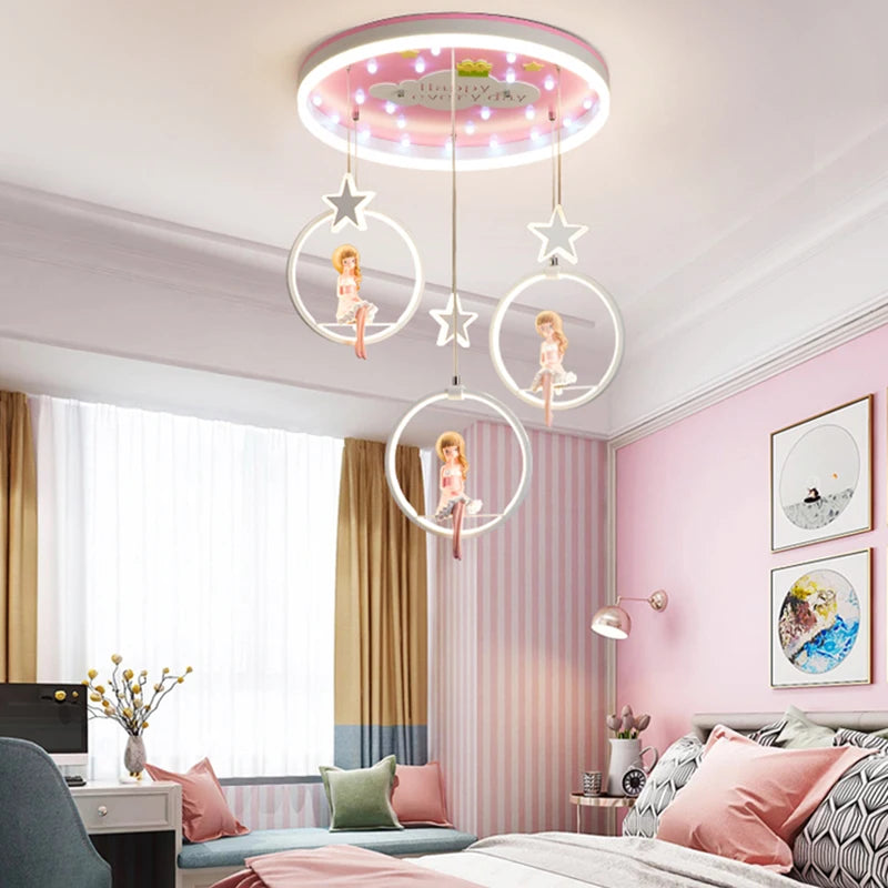 Lustre LED de chambre de fille, figurines sur balançoires et étoiles