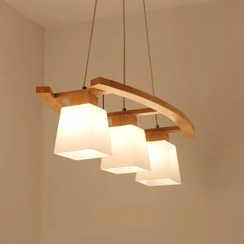 Lustre en bois massif à trois verres blancs, barre arquée de 75 cm