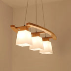 Lustre en bois massif à trois verres blancs, barre arquée de 75 cm
