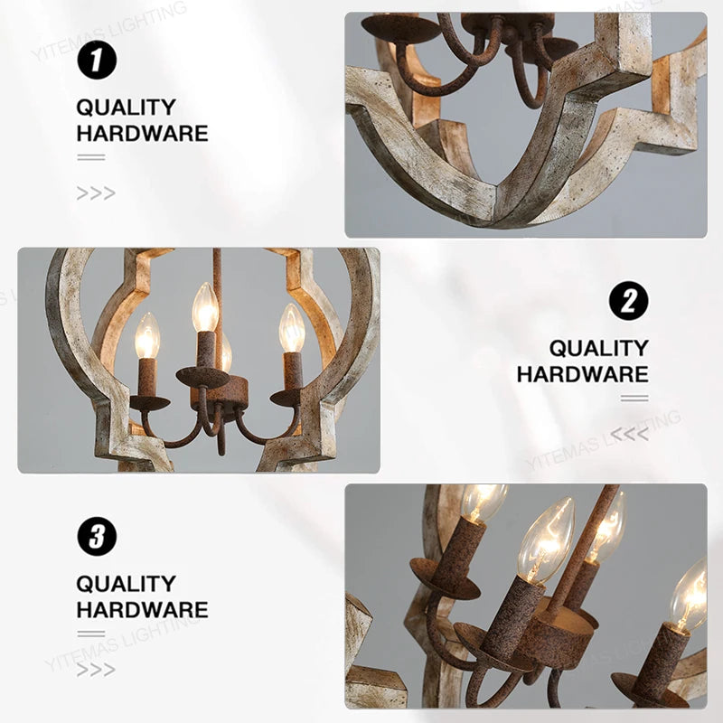Lustre quadrilobe en bois patiné à 4 chandelles E14, style campagne