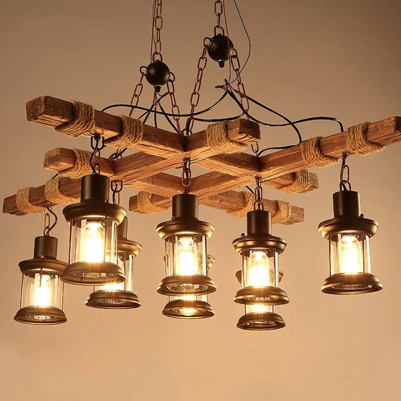 Lustre en bois et cordage à 8 lanternes en fer et verre, E27