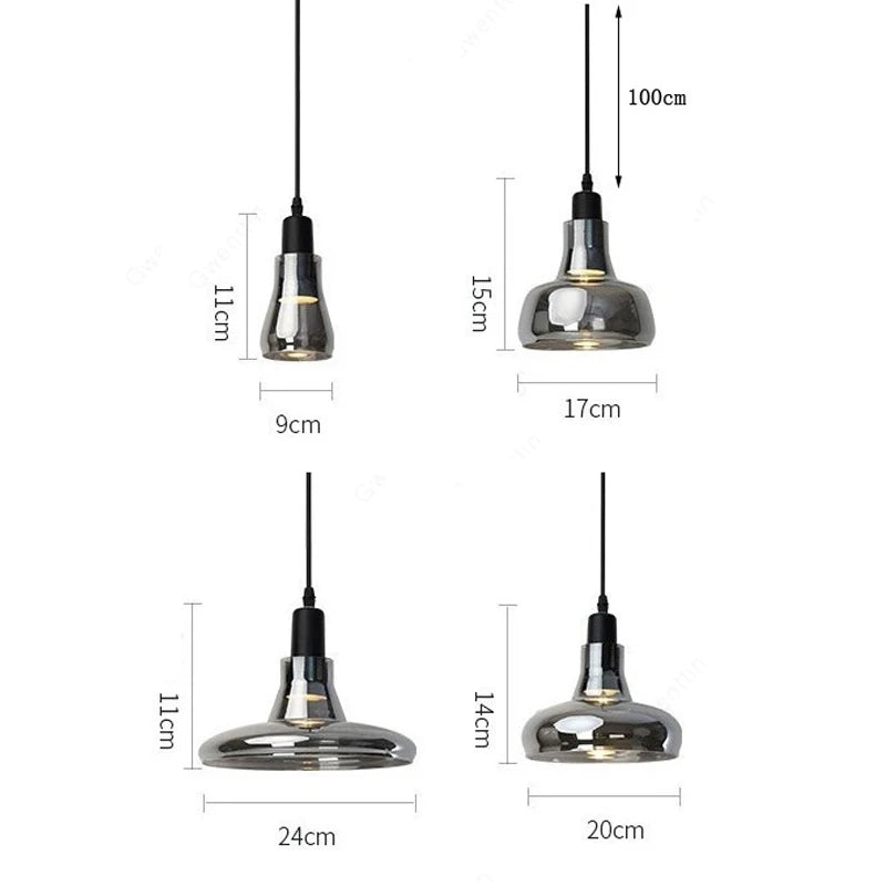 Suspension en verre fumé, quatre silhouettes de 9 à 24 cm, E27