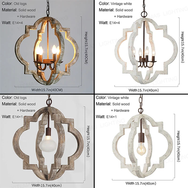 Lustre quadrilobe en bois patiné à 4 chandelles E14, style campagne