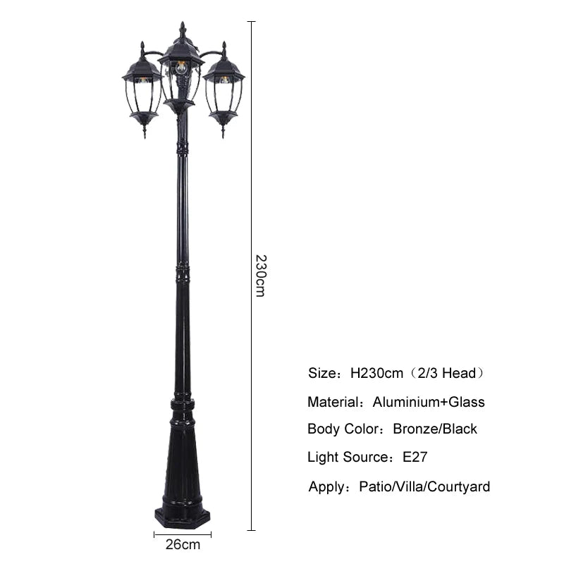 Lampadaire de jardin 230 cm à 2 ou 3 lanternes, aluminium et verre