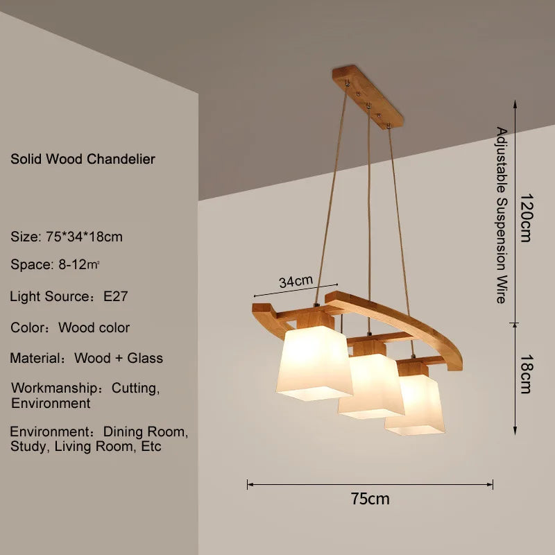 Lustre en bois massif à trois verres blancs, barre arquée de 75 cm